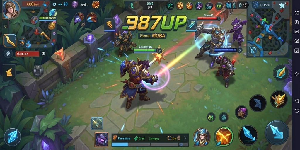 Gameplay seru di 987UP dengan pertarungan MOBA intens.