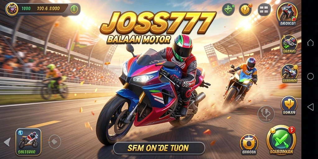 Gameplay seru JOSS777 dengan aksi balapan motor yang mendebarkan.