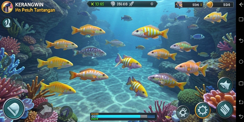 Screenshot KERANGWIN menampilkan aksi menembak ikan yang mendebarkan.