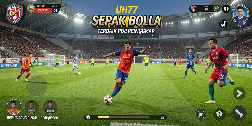 Tampilan gameplay UH77 dengan aksi sepak bola yang intens.